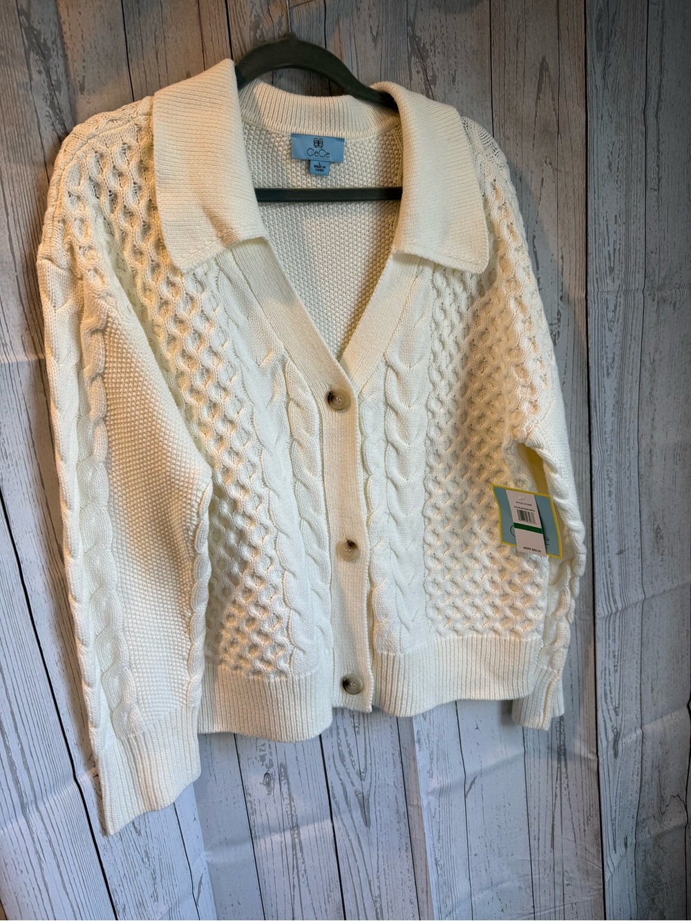 CeCe Collared Cable Knit Cardigan Large NWT
